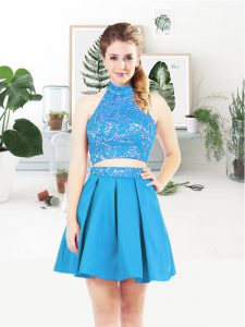 Unique Baby Blue Satin Lace Up Halter Top Sleeveless Mini Length Lace