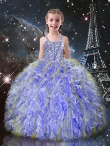 Most Popular Lavender Ball Gowns Straps Sleeveless Organza Floor Length Lace Up Beading and Ruffles Little Girl Pageant 