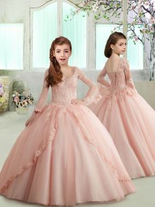 Hot Sale Tulle V-neck 3 4 Length Sleeve Lace Up Lace Child Pageant Dress in Baby Pink