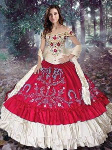 Dynamic Sleeveless Floor Length Embroidery and Ruffled Layers Lace Up Sweet 16 Dresses with Red