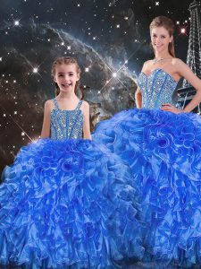 Custom Made Floor Length Lace Up 15th Birthday Dress Royal Blue for Military Ball and Sweet 16 and Quinceanera with Bead
