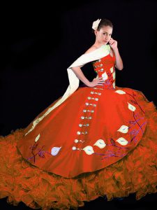 Attractive Rust Red V-neck Lace Up Embroidery and Ruffles Quinceanera Dress Brush Train Sleeveless