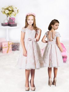 Knee Length Baby Pink Flower Girl Dresses for Less Scalloped Short Sleeves Clasp Handle
