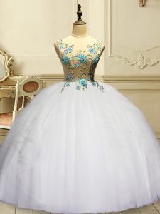 Low Price Sleeveless Floor Length Appliques and Ruffles Lace Up Quinceanera Gown with White