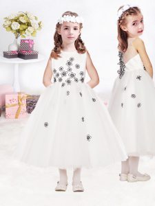 White And Black Scoop Neckline Appliques Toddler Flower Girl Dress Sleeveless Zipper