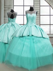 Turquoise Sleeveless Brush Train Beading Sweet 16 Quinceanera Dress