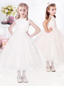 Lace Sleeveless Tea Length Toddler Flower Girl Dress and Lace and Ruching