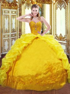 Taffeta Sweetheart Sleeveless Brush Train Lace Up Beading and Embroidery and Pick Ups Sweet 16 Dresses in Gold