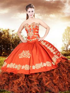 Orange Organza Lace Up Sweetheart Sleeveless Floor Length Ball Gown Prom Dress Embroidery and Ruffled Layers