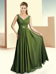 Attractive Olive Green Chiffon Zipper V-neck Sleeveless Floor Length Bridesmaid Gown Beading and Ruching