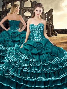 Popular Teal Ball Gowns Sweetheart Sleeveless Tulle Floor Length Lace Up Ruffled Layers and Pick Ups Sweet 16 Quinceaner