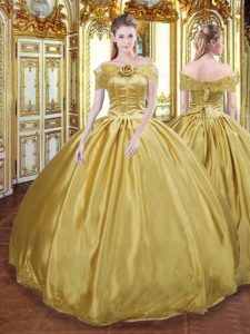 Ball Gowns Quinceanera Dress Gold Off The Shoulder Tulle Sleeveless Floor Length Lace Up