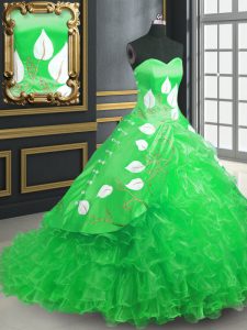 Green Sleeveless Embroidery and Ruffles Lace Up Vestidos de Quinceanera