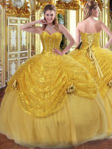 Nice Gold Tulle Lace Up Quinceanera Dress Sleeveless Floor Length Pick Ups and Hand Made Flower