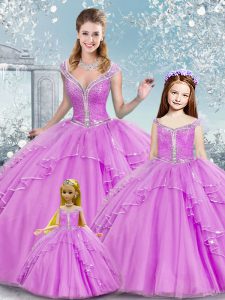 Elegant Lilac Ball Gowns Sashes ribbons and Sequins Quinceanera Dress Lace Up Tulle Sleeveless Floor Length