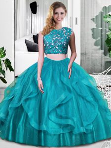 Modest Teal Two Pieces Scoop Sleeveless Tulle Floor Length Zipper Lace and Embroidery and Ruffles Sweet 16 Quinceanera D