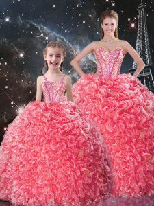 Coral Red Lace Up Sweetheart Beading and Ruffles Sweet 16 Dresses Organza Sleeveless