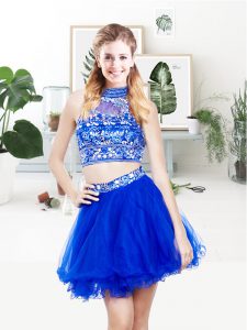 Cheap Beading and Ruffled Layers Prom Party Dress Royal Blue Zipper Sleeveless Mini Length