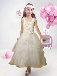 Classical Champagne Zipper Square Ruffles and Hand Made Flower Flower Girl Dresses Organza Sleeveless