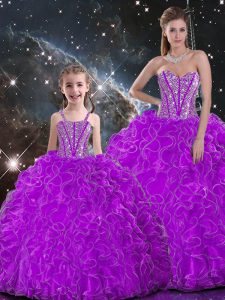 Flare Purple Sleeveless Organza Lace Up 15th Birthday Dress for Military Ball and Sweet 16 and Quinceanera