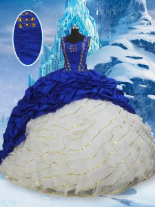 Sophisticated Ruffled Layers and Pick Ups 15 Quinceanera Dress Blue And White Lace Up Sleeveless Brush Train