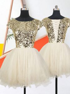Inexpensive Champagne Prom Dress Military Ball and Sweet 16 and Quinceanera with Sequins Scoop Short Sleeves Lace Up