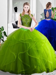 Tulle Scoop Sleeveless Zipper Lace and Ruffles Quinceanera Dresses in Olive Green