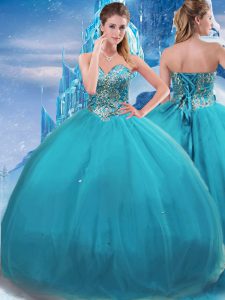 Teal Ball Gowns Tulle Sweetheart Sleeveless Appliques Floor Length Lace Up Quince Ball Gowns