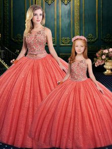 Coral Red Two Pieces Tulle Square Sleeveless Appliques Floor Length Lace Up Wedding Dress