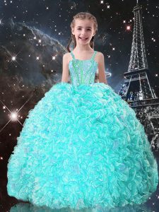 Dazzling Turquoise Organza Lace Up Pageant Dress Sleeveless Floor Length Beading and Ruffles