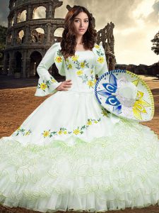Ball Gowns Quinceanera Dresses White Square Organza Long Sleeves Floor Length Lace Up