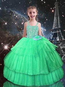 Apple Green Pageant Dress for Teens Quinceanera and Wedding Party with Beading and Ruffled Layers Straps Sleeveless Lace