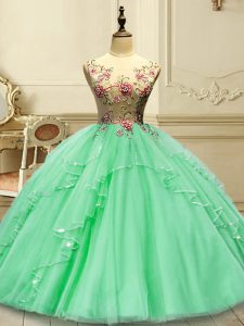 Green Ball Gowns Appliques Sweet 16 Dress Lace Up Tulle Sleeveless Floor Length