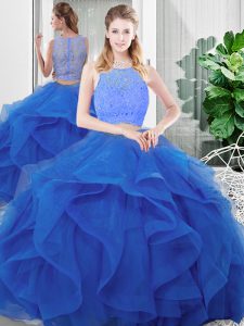 Free and Easy Scoop Sleeveless Ball Gown Prom Dress Floor Length Lace and Ruffles Blue Tulle
