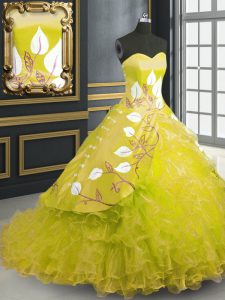 Dazzling Organza Sleeveless Quince Ball Gowns Brush Train and Embroidery and Ruffles