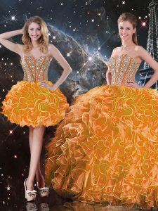 Custom Fit Orange Sweetheart Neckline Beading and Ruffles Quinceanera Gown Sleeveless Lace Up