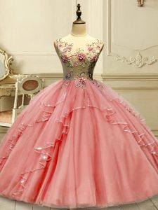 Trendy Scoop Sleeveless Quinceanera Dress Floor Length Appliques Watermelon Red Tulle
