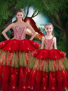 Luxury Organza Sweetheart Sleeveless Lace Up Beading and Ruffled Layers Quince Ball Gowns in Wine Red