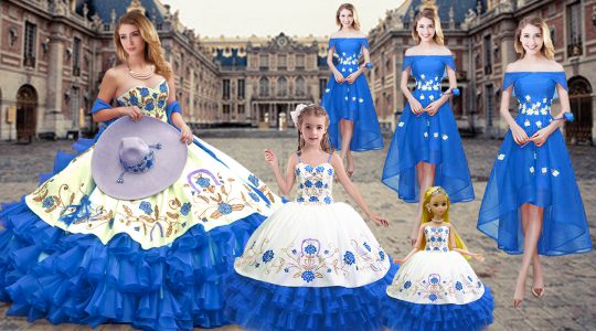 Clearance Floor Length Lace Up Ball Gown Prom Dress Royal Blue for Military Ball and Sweet 16 and Quinceanera with Embro