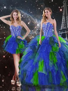 Multi-color Lace Up Sweetheart Beading and Ruffles Quinceanera Gowns Tulle Sleeveless