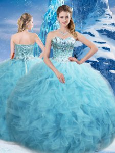 Pretty Aqua Blue Sleeveless Floor Length Beading and Pick Ups Lace Up Sweet 16 Quinceanera Dress