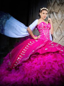 High End Sleeveless Organza Brush Train Lace Up Quinceanera Dress in Fuchsia with Embroidery and Ruffles