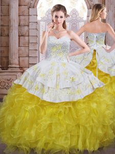 Nice Yellow And White Lace Up Sweetheart Beading and Appliques and Ruffles Quinceanera Dresses Organza Sleeveless