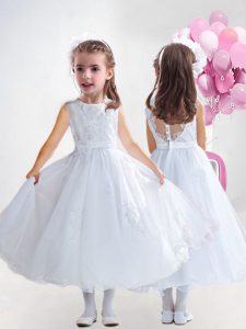 Sexy White A-line Scoop Sleeveless Organza Tea Length Clasp Handle Hand Made Flower Flower Girl Dresses