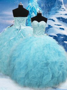 Custom Fit Aqua Blue Ball Gowns Sweetheart Sleeveless Tulle Floor Length Lace Up Beading and Pick Ups 15 Quinceanera Dre