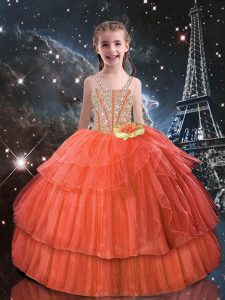 Floor Length Orange Red Pageant Gowns Tulle Short Sleeves Beading and Ruffled Layers