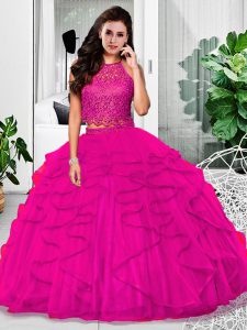 Fuchsia Two Pieces Lace and Ruffles 15 Quinceanera Dress Zipper Tulle Sleeveless Floor Length