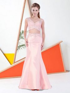 Extravagant Beading Dress for Prom Baby Pink Zipper Sleeveless Floor Length