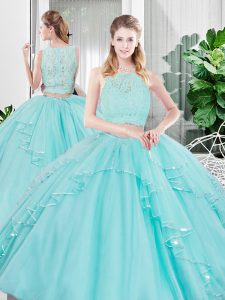 Scoop Sleeveless 15 Quinceanera Dress Floor Length Lace and Ruffled Layers Aqua Blue Tulle