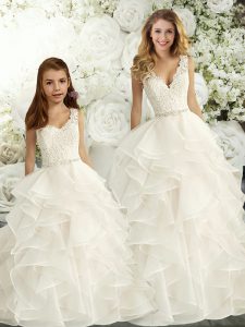 White Lace Up V-neck Lace and Ruffles Bridal Gown Organza Sleeveless